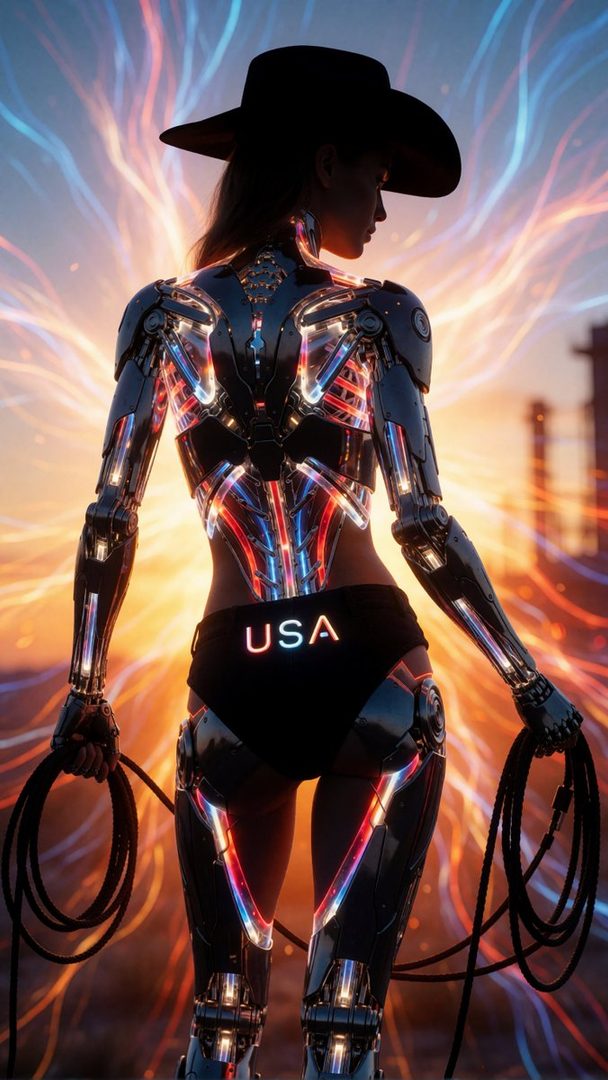 A cyborg cowgirl with a black cowboy hat and glowing red, white, and blue internal lights, wearing black shorts with 'USA' written on them, holding a lasso.