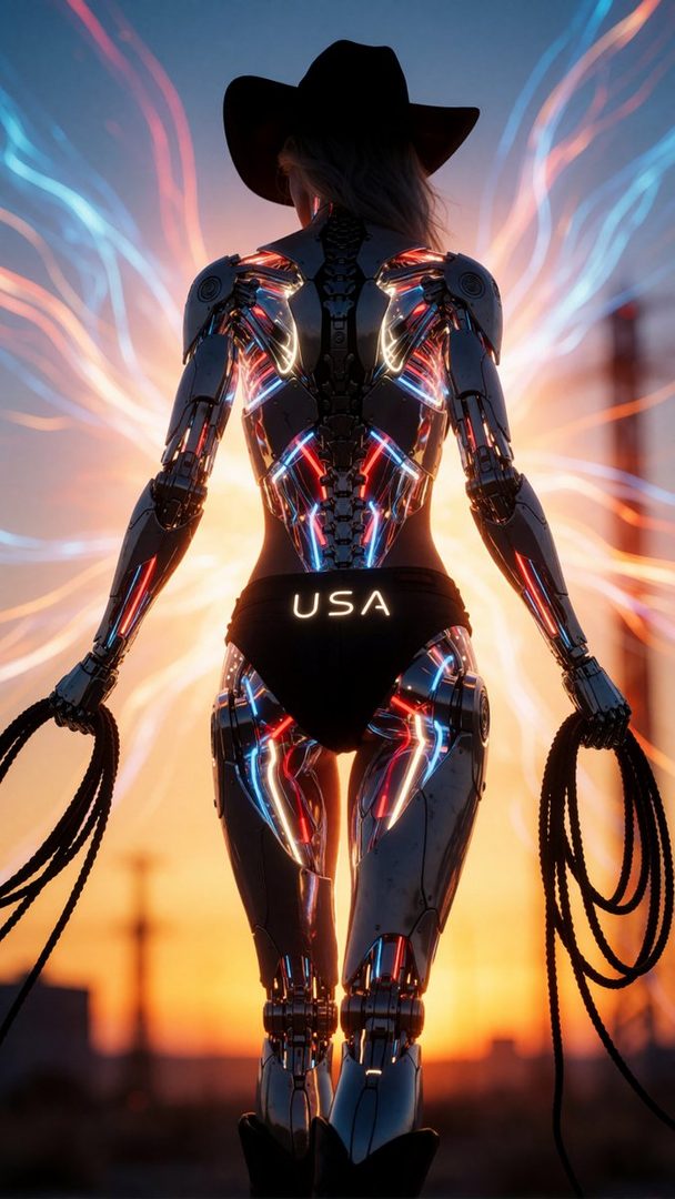 A cyborg cowgirl with a black cowboy hat and black bottoms with 'USA' written on them, holding lassos in each hand, with glowing red and blue lights on her robotic body, standing against a sunset sky.
