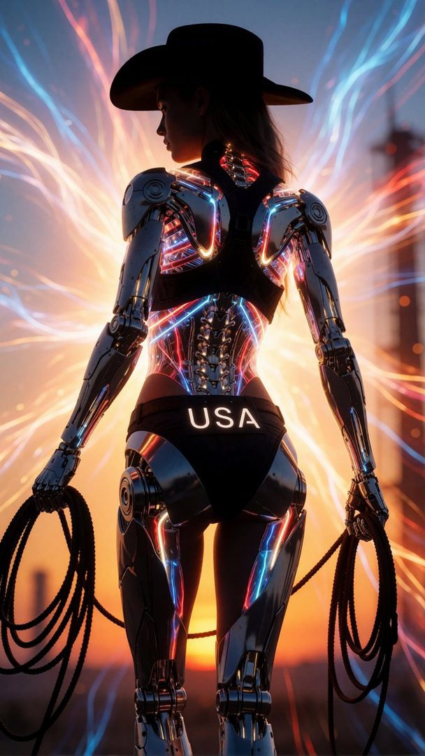 A cyborg woman wearing a cowboy hat and black bikini bottoms with 'USA' written on them, holding a lasso, with a background of glowing energy lines.