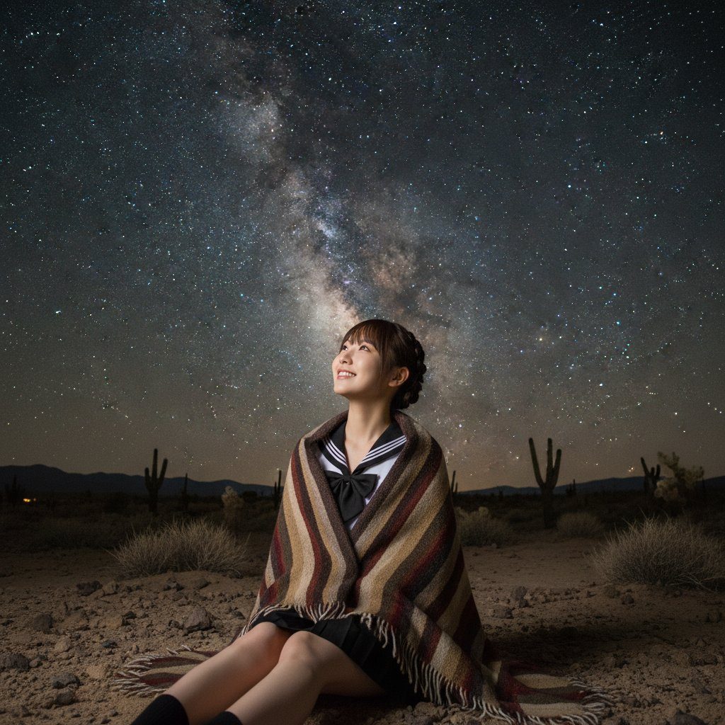 A young woman in a school uniform sits wrapped in a blanket under a starry night sky with the Milky Way visible, in a desert landscape with cacti.