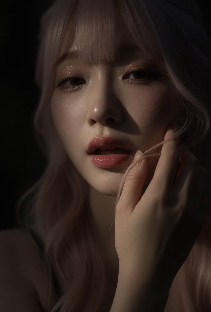 A close-up portrait of a woman with pink wavy hair and bangs, featuring glossy lips and shimmering eyeshadow, illuminated by dramatic lighting against a dark background.