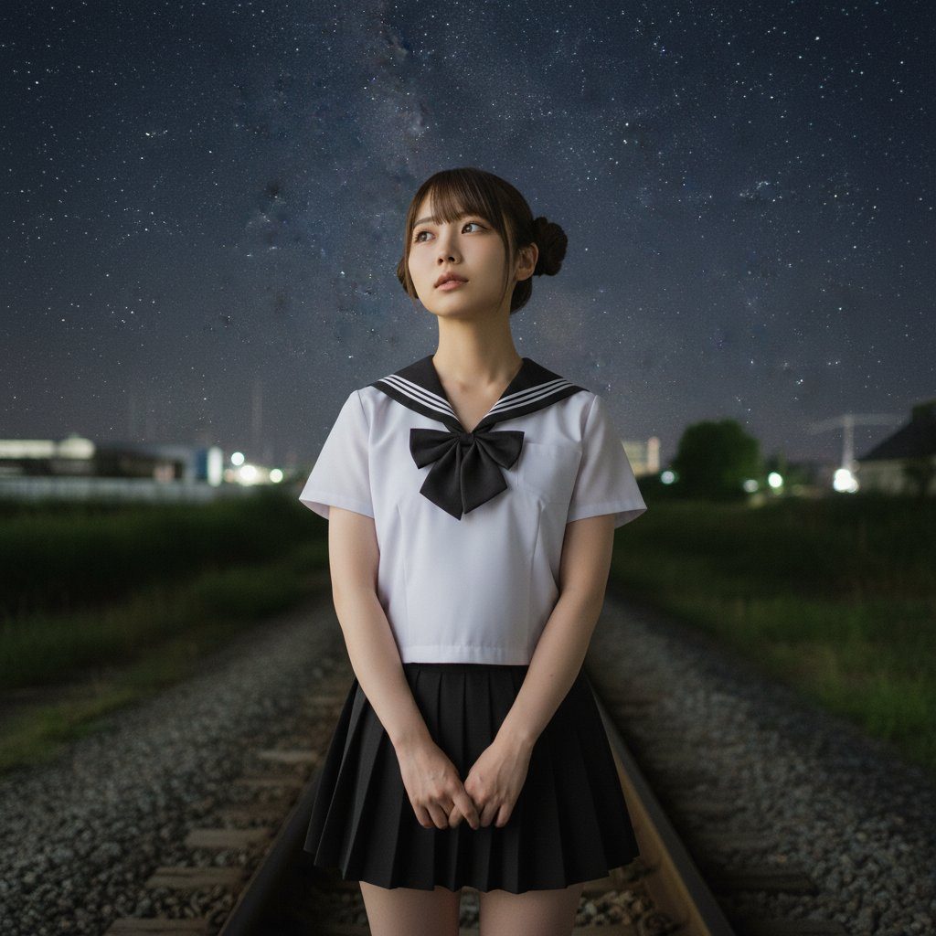 A young woman in a school uniform stands on train tracks at night, looking up at the starry sky.