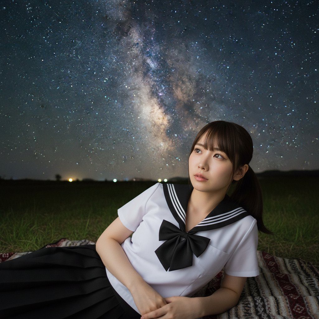A young woman in a school uniform lies on a blanket under the starry night sky, gazing upwards.