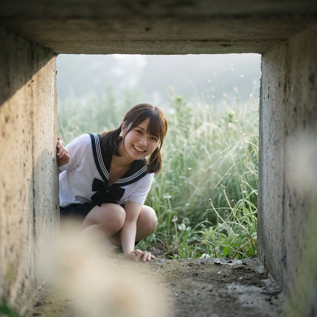 A young Japanese woman in a school uniform squats down in a concrete structure, smiling playfully at the camera.