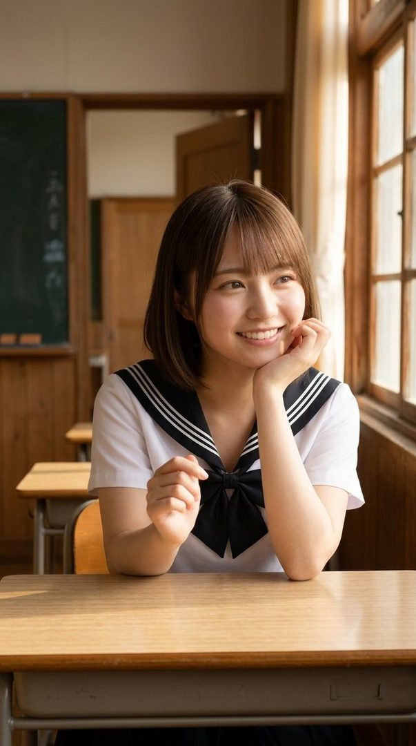 A young woman in a Japanese school uniform sits at a desk in a classroom, smiling.