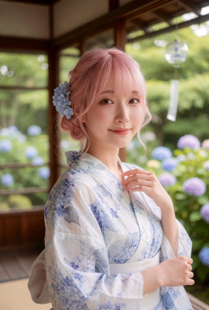 A young woman with pink hair and a blue floral yukata smiles gently, standing in a traditional Japanese setting with hydrangeas in the background.