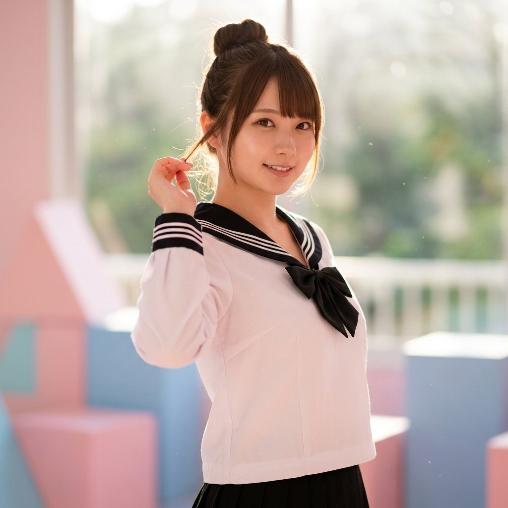 A young woman with her hair in a bun, wearing a Japanese school uniform, smiles gently.