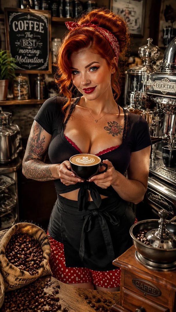 A red-haired woman in a black top and red polka dot skirt holds a latte in a coffee shop.