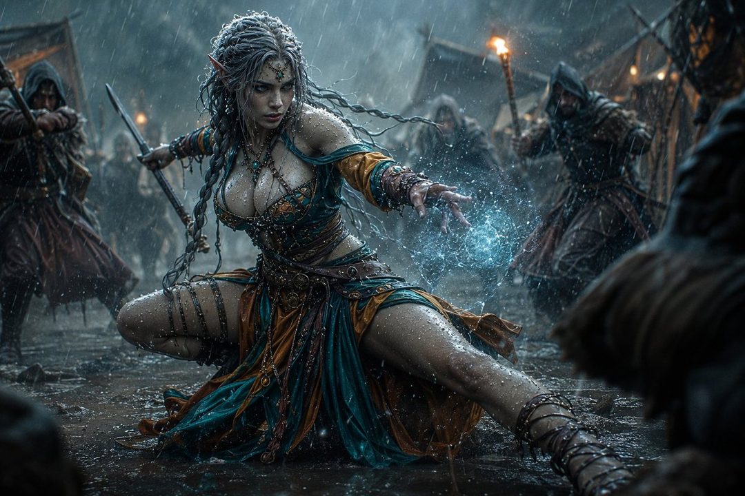 A fantasy warrior woman with braided silver hair and elven ears, wearing revealing armor, conjures blue energy in a rainy battle scene.