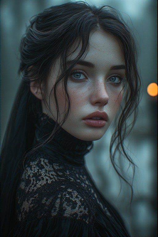 A photorealistic portrait of a woman with dark hair and light eyes wearing a black lace top, looking directly at the viewer.