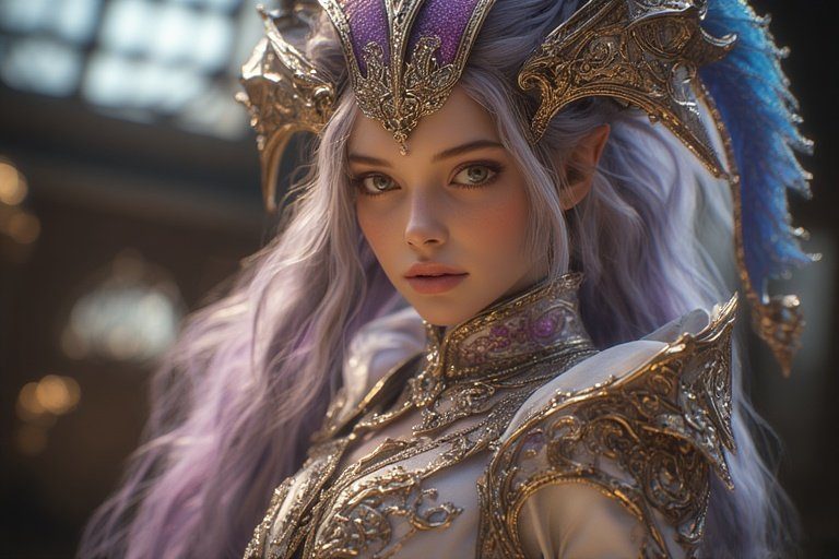 A photorealistic portrait of an AI-generated woman with long, wavy silver hair, wearing an ornate golden and purple fantasy-style outfit and headdress.