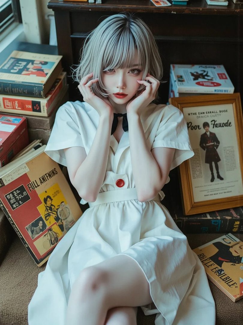 A young woman with short, silver hair and bangs, wearing a white dress, poses with her hands on her cheeks, surrounded by books.