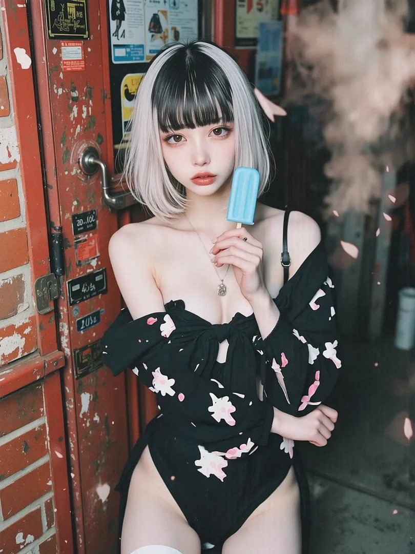 A young woman with black and white hair holds a blue popsicle, wearing a black outfit with pink floral patterns, standing on a street.