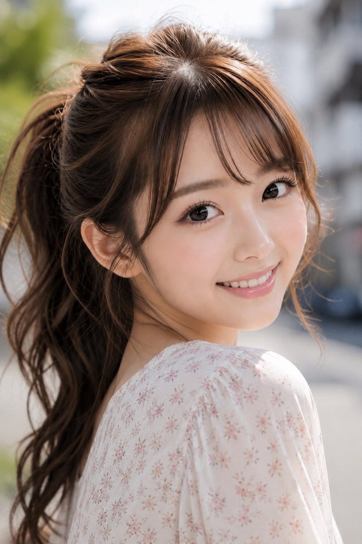 A beautiful AI-generated portrait of a young East Asian woman with brown hair in a high ponytail, smiling warmly outdoors.
