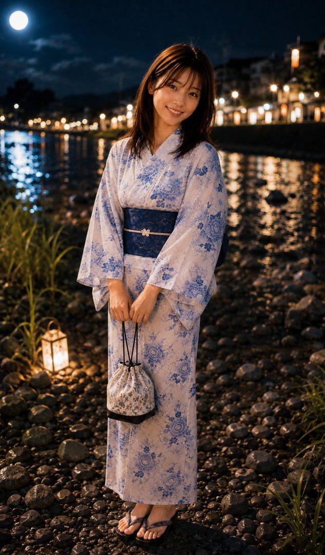 A smiling Japanese woman in a blue and white yukata stands by a river at night, with a full moon and city lights in the background.