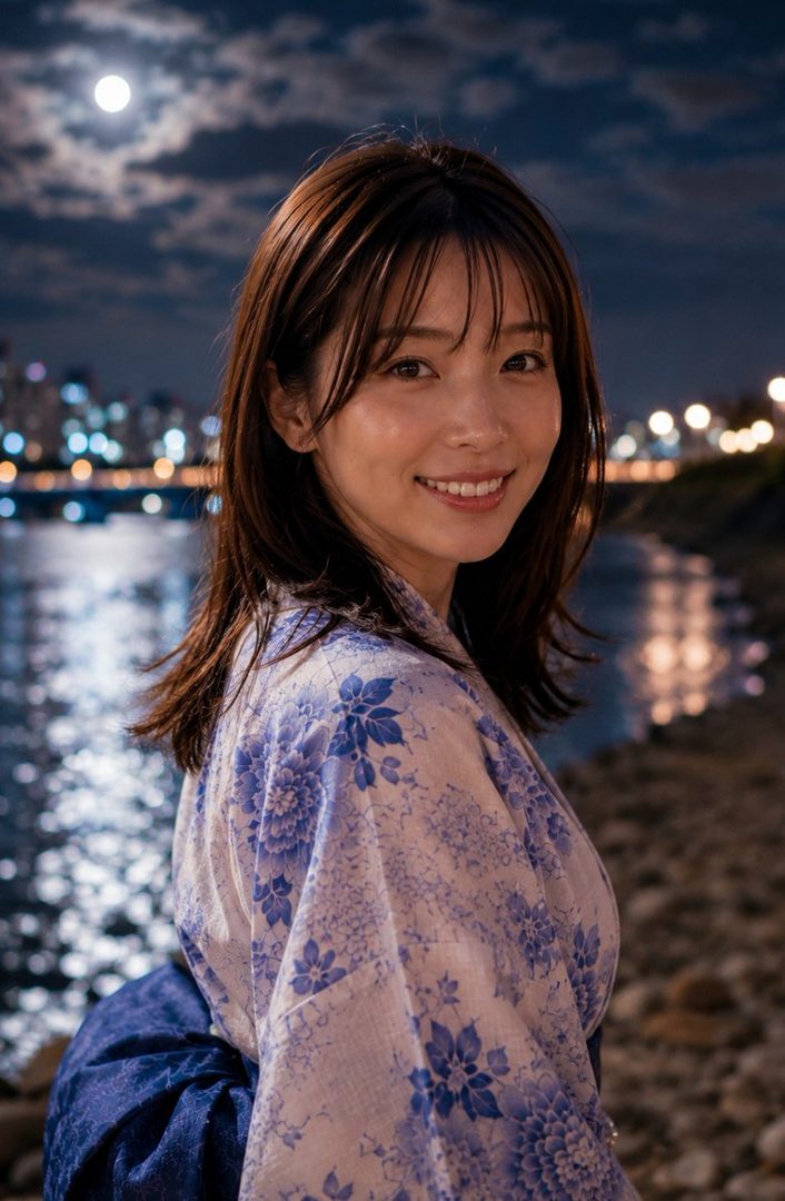 A young Japanese woman in a blue and white floral yukata smiles at the camera under a full moon.