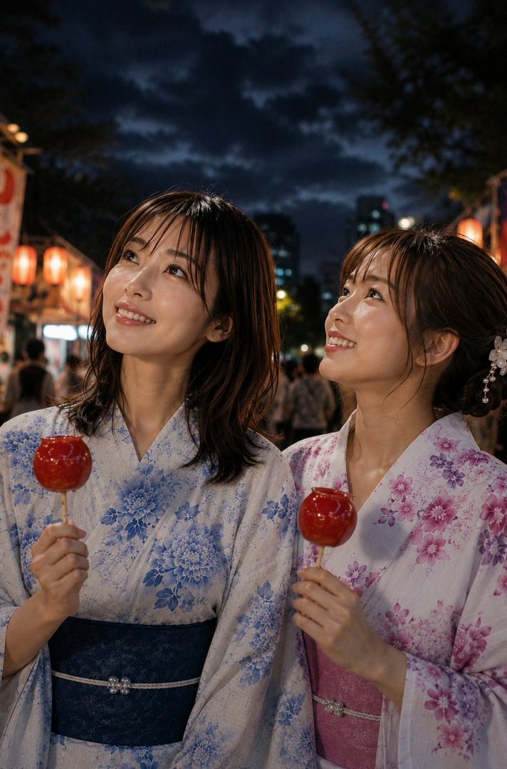 Two young women in yukatas holding candied apples at a night festival.