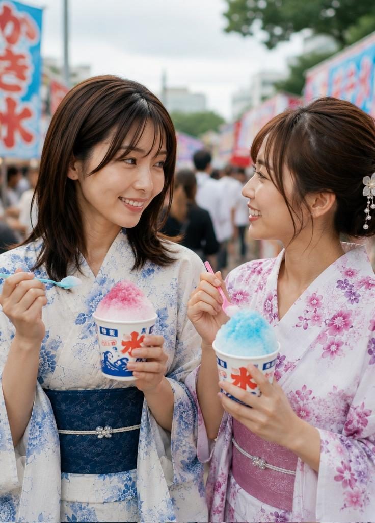 Two young Japanese women in yukatas smiling and eating shaved ice at an outdoor festival.
