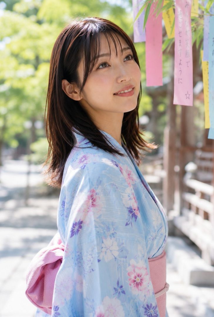 A young East Asian woman in a light blue yukata with floral patterns smiles gently while looking upwards, with colorful tanzaku papers hanging on a bamboo tree in the background.