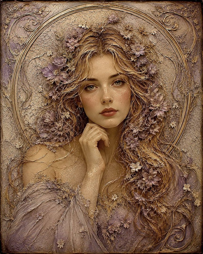 A beautiful AI-generated portrait of a young woman with long blonde hair adorned with flowers, wearing a flowing purple dress, in a dreamy, ethereal style.