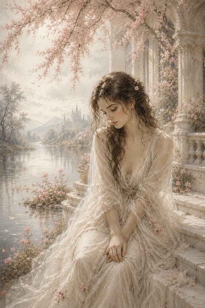 A beautiful woman with long brown hair, wearing a delicate white dress, sits on stone steps by a serene lake, with a castle and cherry blossoms in the background.