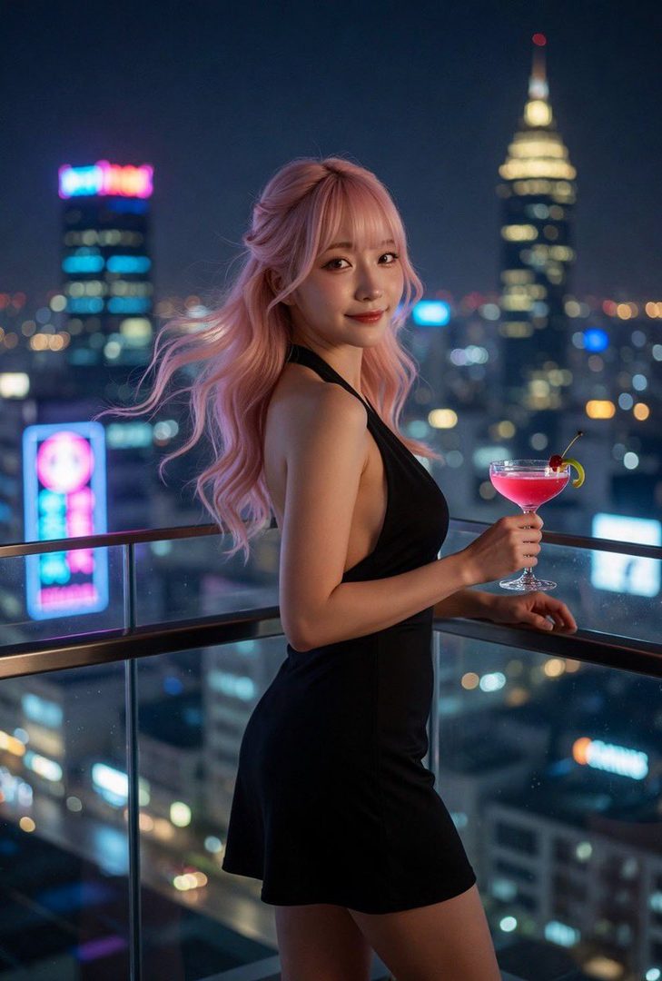 A woman with pink hair in a black halter dress holds a cocktail on a rooftop overlooking a city at night.