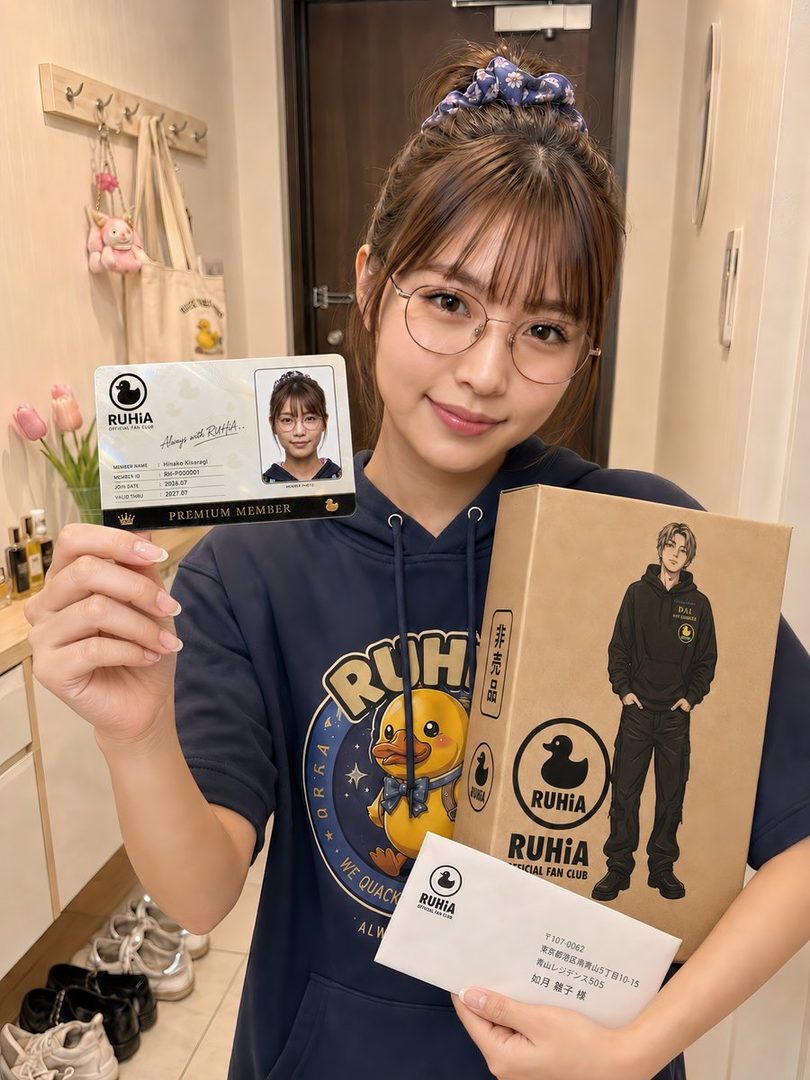 A young woman with brown hair tied up and bangs, wearing glasses and a navy blue hoodie with a duck graphic, holds up a membership card and a box.
