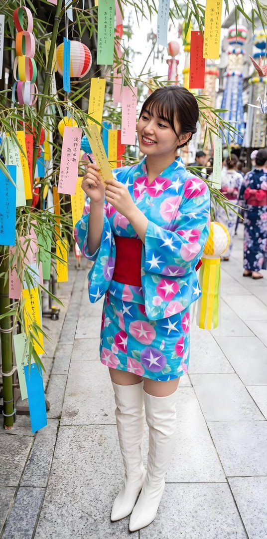 A young woman in a colorful yukata and white boots smiles while looking at Tanabata decorations on a street.