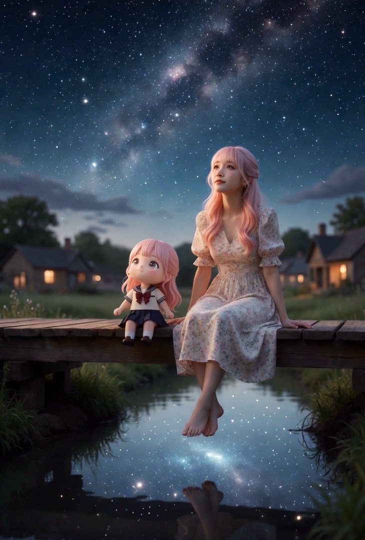 A woman with pink hair in a floral dress sits on a wooden bridge at night, looking up at the starry sky with a doll beside her, reflected in the water below.
