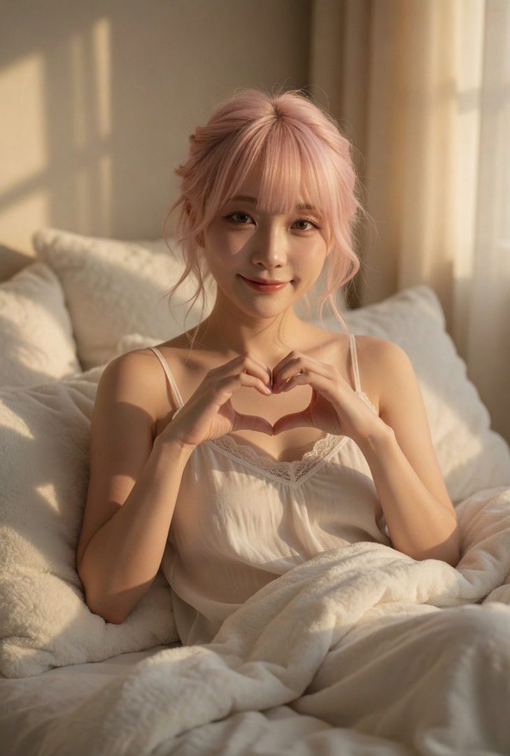 A young woman with pink hair and bangs, wearing a white camisole, makes a heart shape with her hands while sitting in bed during golden hour.