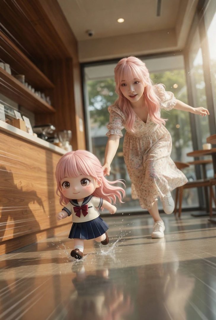 A woman with long pink hair in a floral dress runs through a cafe, holding hands with a chibi-style doll also with pink hair and wearing a school uniform, splashing through water on the floor.