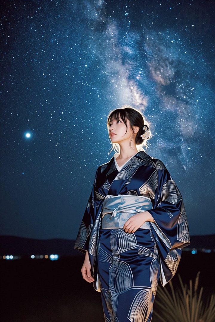 A young woman in a dark blue kimono with a silver obi stands under a starry night sky with the Milky Way visible.