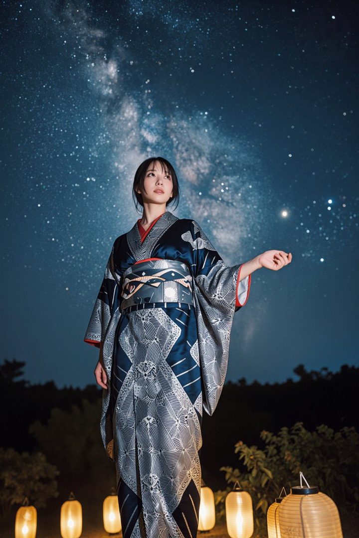 A Japanese woman in a traditional kimono stands under a starry night sky with the Milky Way visible, illuminated by lanterns.