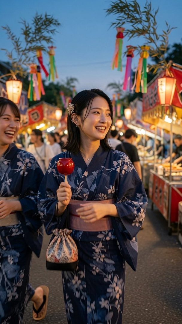 Two young women in yukatas smile while walking through a Japanese festival at night, holding a candied apple.