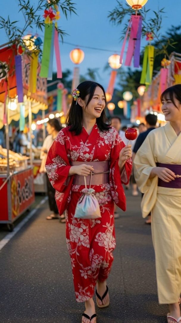 Two young Japanese women in yukatas smiling and walking at a summer festival at night, with colorful lanterns and decorations.