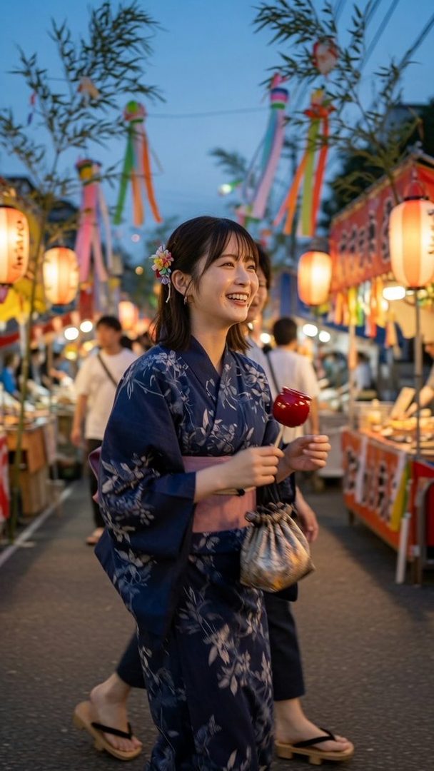A young Japanese woman in a blue floral yukata smiles while holding a candied apple at a summer festival at dusk.