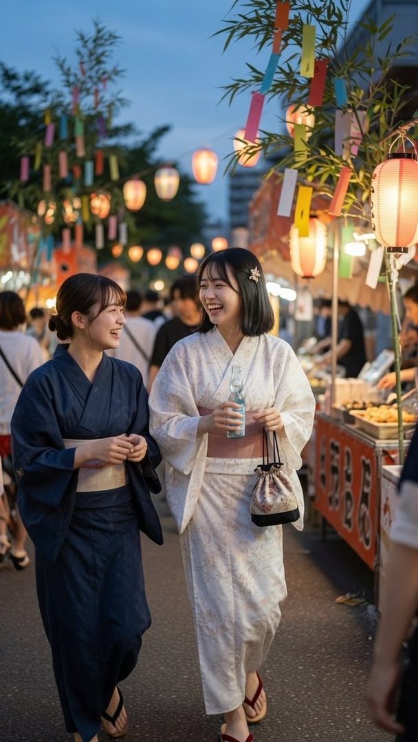 Two young women in kimonos laughing and walking through a street festival at dusk, with lanterns and decorations.