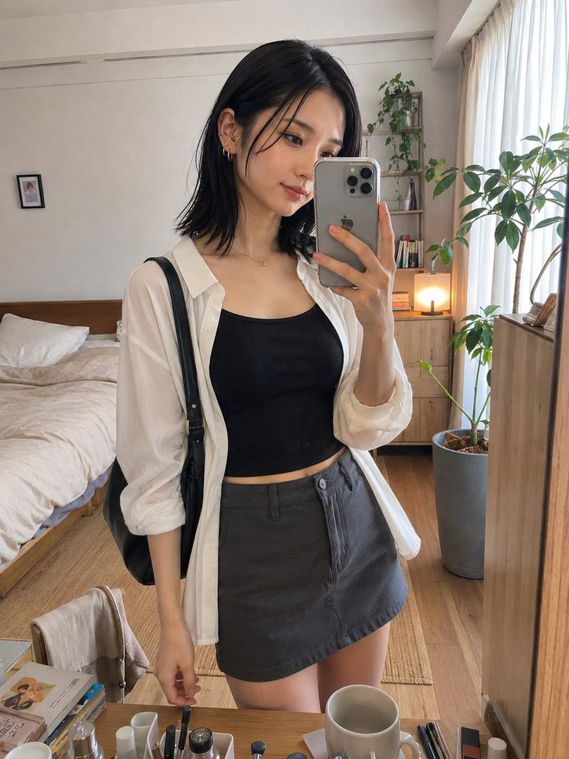 A young East Asian woman takes a selfie in a bedroom, wearing a black tank top, a white open shirt, and a dark skirt.