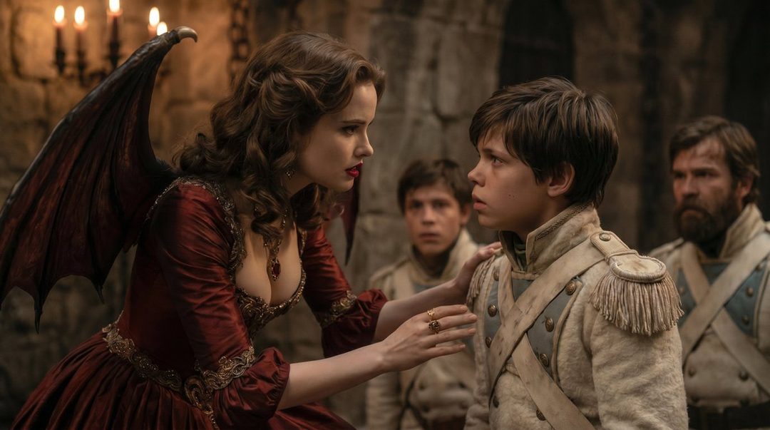 A woman with bat wings and a revealing red dress interacts with a young soldier, with other soldiers in the background.