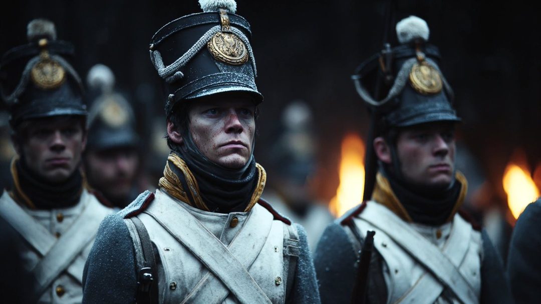 A group of soldiers in historical Austrian Empire uniforms from 1815 stand in formation, with flames visible in the background.