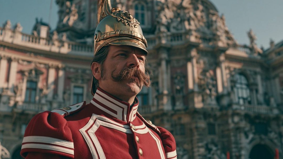 A man in a historical Austrian military uniform with a large mustache and helmet stands in front of an ornate building.