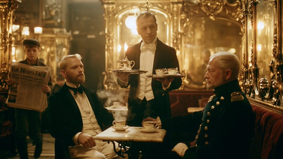 A waiter serves tea to two men in a lavishly decorated room, with a young boy holding a newspaper in the background.