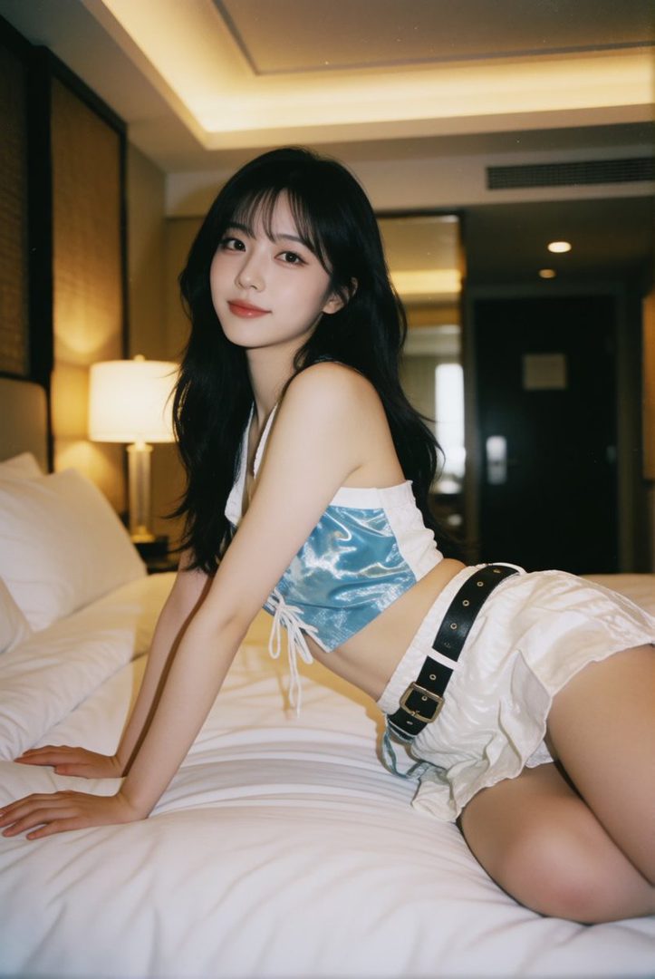 A young woman with long black hair poses on a bed in a hotel room, wearing a blue and white crop top and a white skirt.