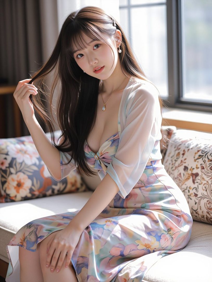 A beautiful young woman with long dark hair, wearing a floral dress and a sheer overlay, poses elegantly indoors.
