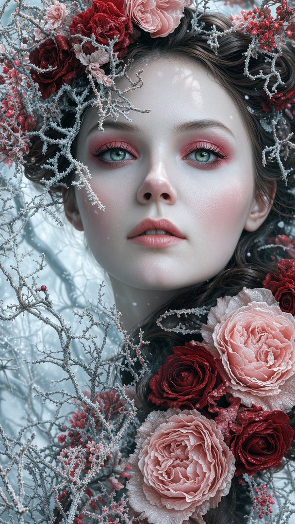 A beautiful AI-generated portrait of a woman with striking green eyes and pink eyeshadow, adorned with a crown of red and pink roses and frosted branches, set against a soft, snowy background.