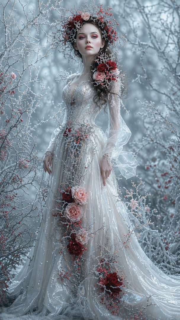 A beautiful woman in a white, ornate dress adorned with red and pink roses and frosted branches stands in a snowy, winter forest.