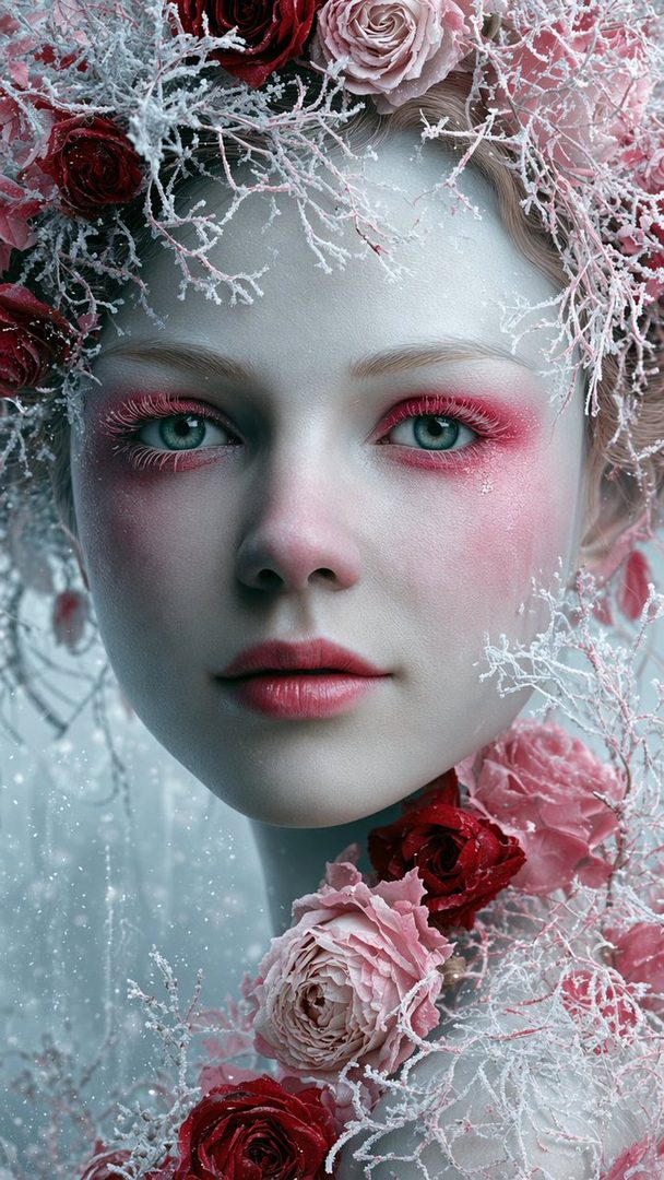 A close-up portrait of a young woman with striking blue eyes and vibrant pink eye makeup, adorned with a crown of red and pink roses and frosted branches, evoking a winter fantasy theme.