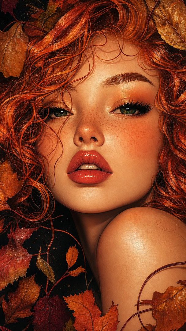 A close-up portrait of a woman with vibrant red curly hair and freckles, surrounded by autumn leaves.