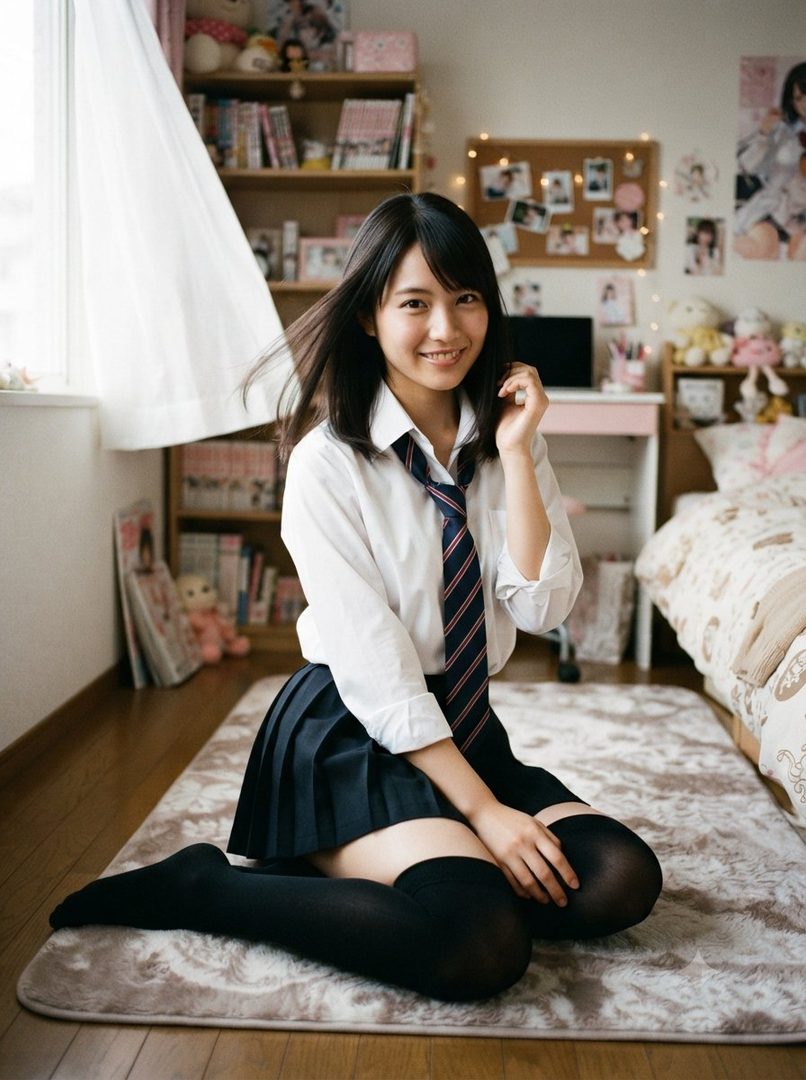 A young Japanese woman in a school uniform, with black hair, smiles gently while sitting indoors.