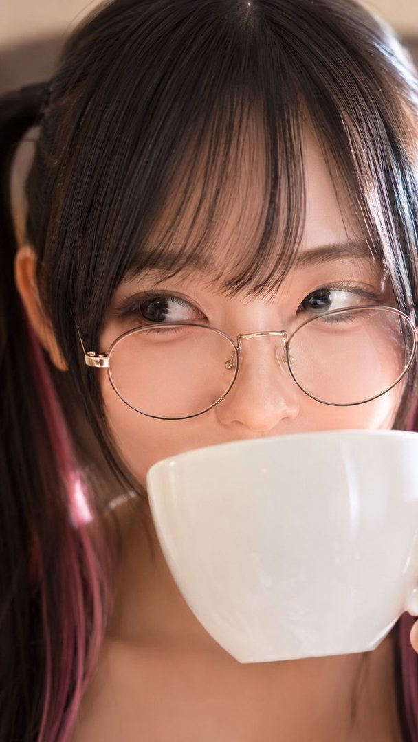 A close-up portrait of a young woman with dark brown hair and pink streaks in pigtails, wearing round glasses and holding a white mug to her mouth, looking playfully to the side.